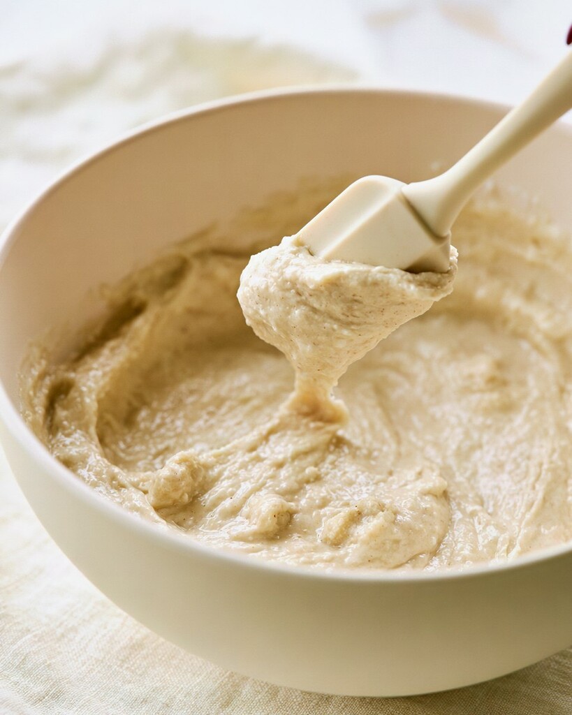 Thick lemon blueberry pancake batter folded in a white bowl with a rubber spatula