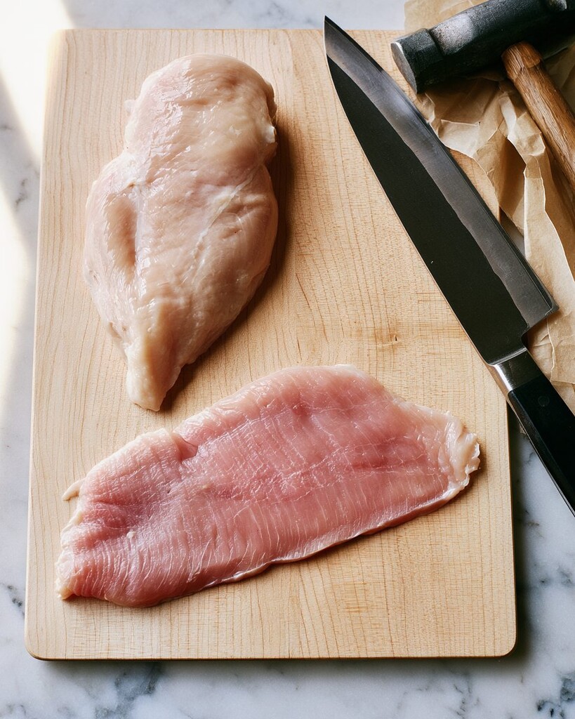 Raw chicken breast and a thin cutlet on a wooden board next to a mallet and knife