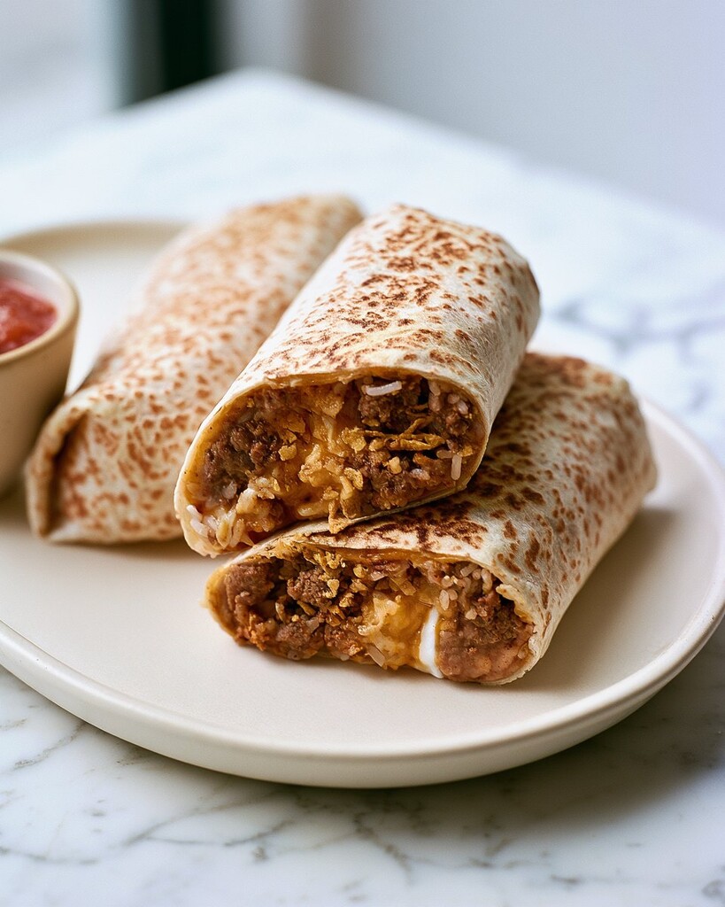 Halved skillet-toasted beefy melt burritos stacked on a white plate revealing brown filling, rice, and crunchy chips