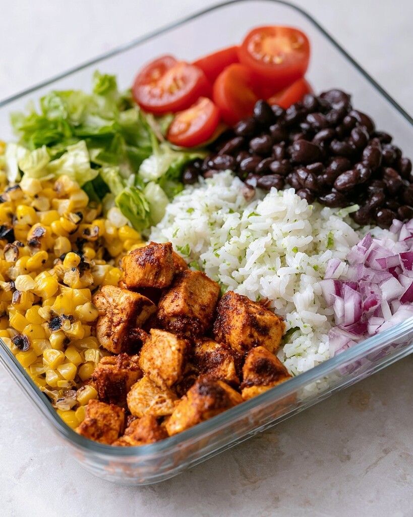 A neat arrangement of chipotle chicken, white rice, charred corn, black beans, and vegetables inside a glass container