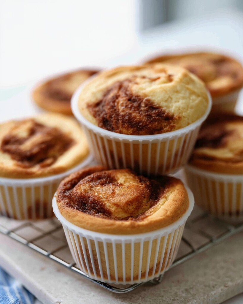 Baked cinnamon roll muffins resting in white liners on a wire rack with domed browned tops