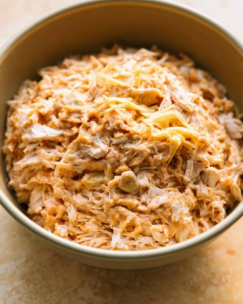 Shredded chicken and cheese blended into a creamy green chile and yogurt filling inside a metal bowl