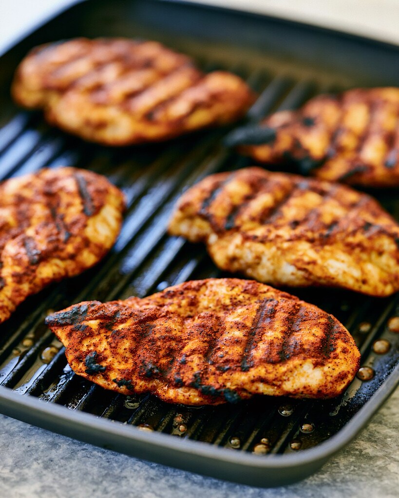 Seasoned chicken cutlets grilling in a ridged pan with dark sear marks