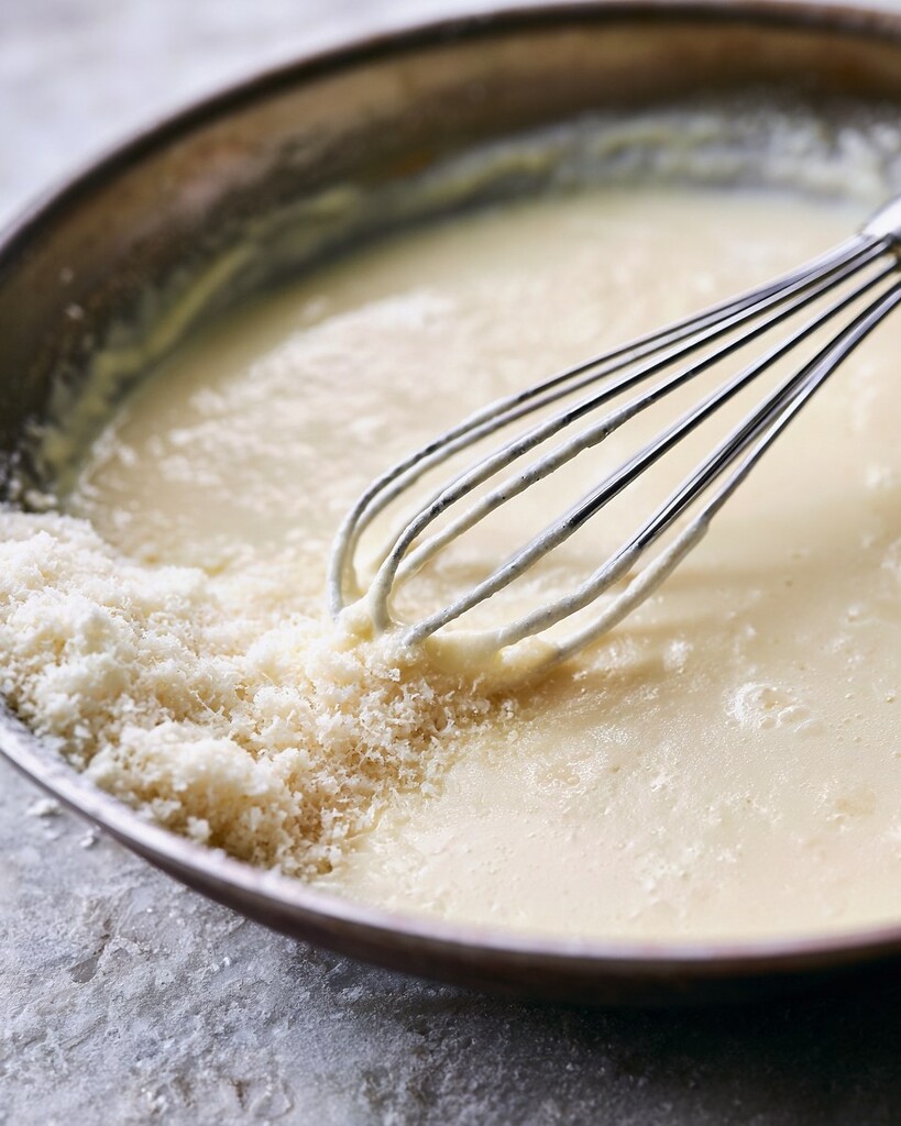 Grated parmesan cheese being whisked into a white cream sauce in a wide skillet