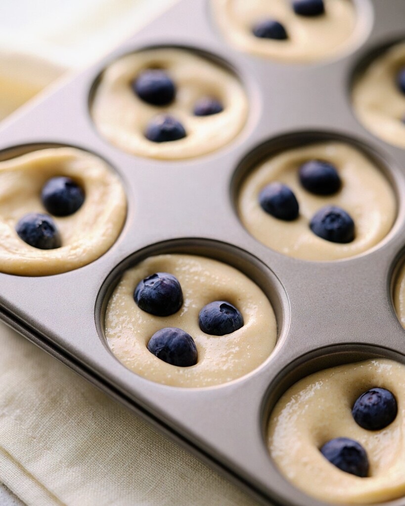 Smooth pancake batter in a metal mini muffin tin topped with fresh blueberries