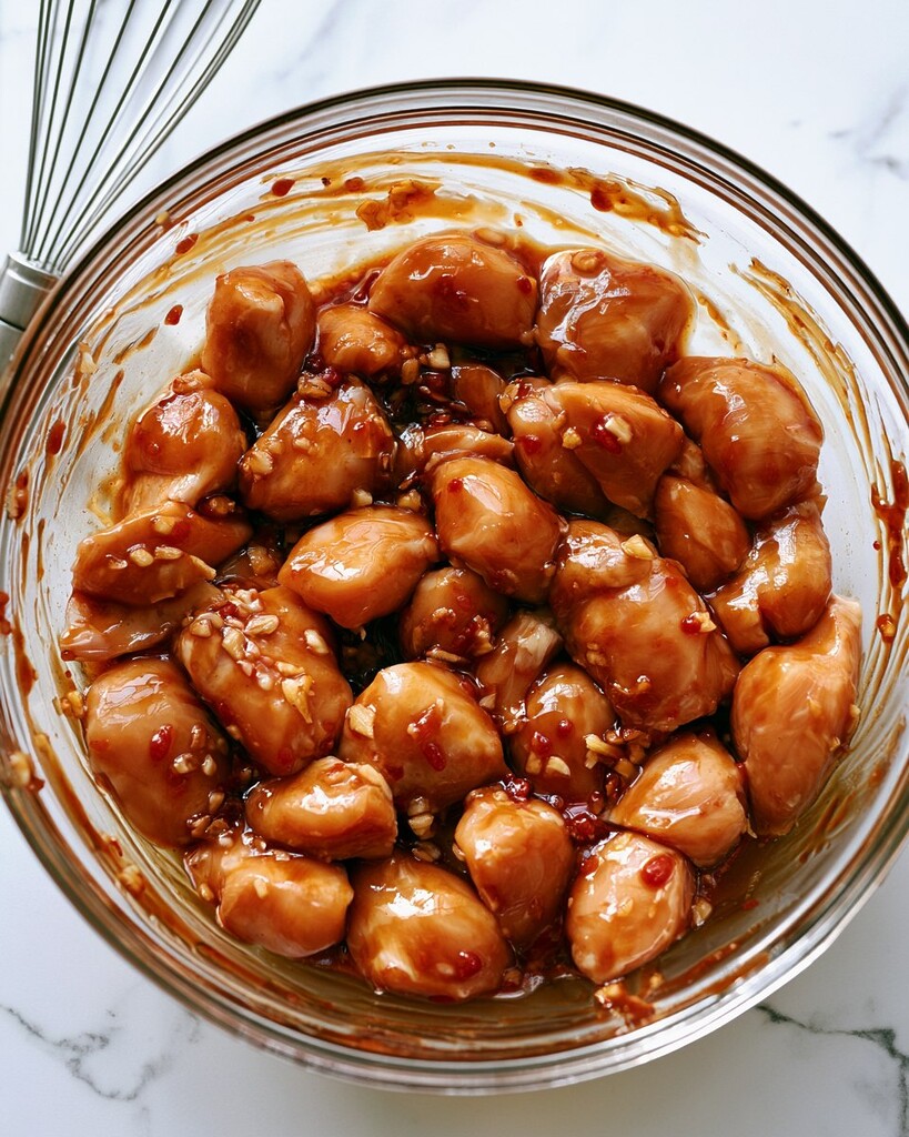 Raw chicken pieces coated in dark brown teriyaki marinade