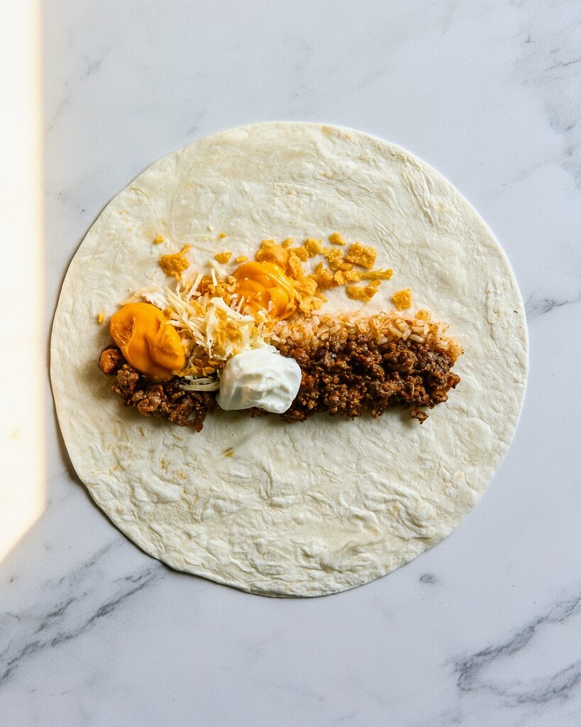 Unrolled flour tortilla layered with beef filling, rice, cheese sauce, sour cream, and corn chips in the center