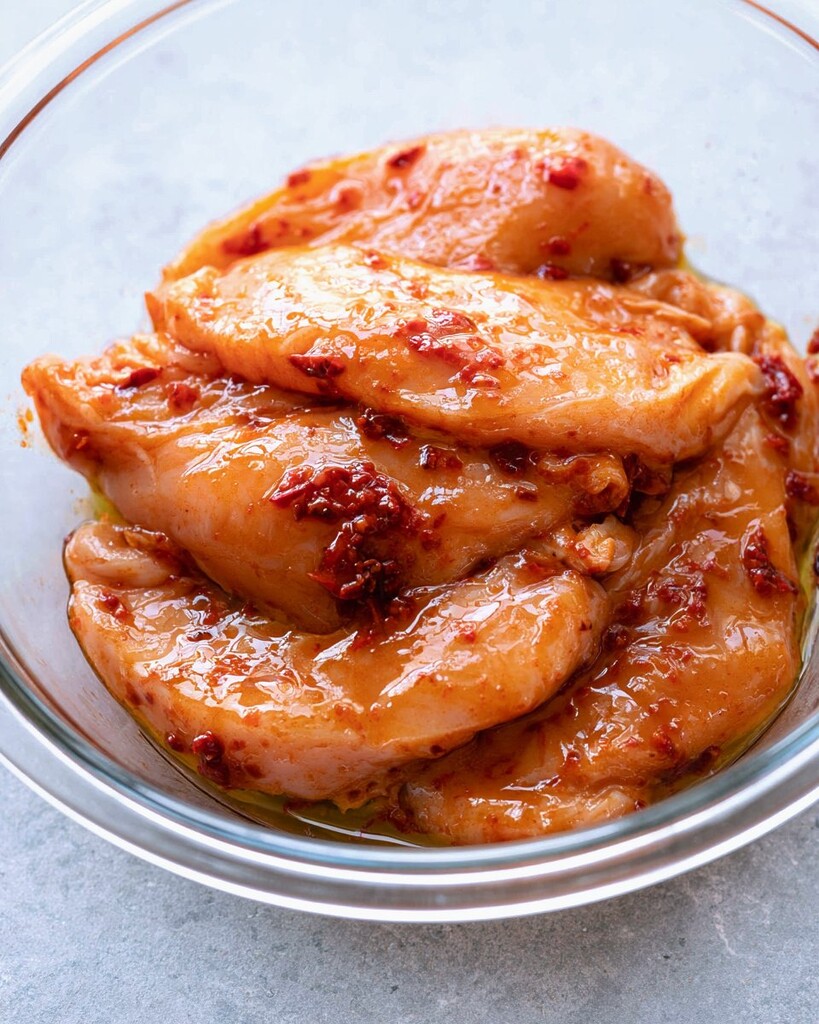 Raw chicken cutlets coated in an orange chipotle marinade with pepper flakes in a glass bowl