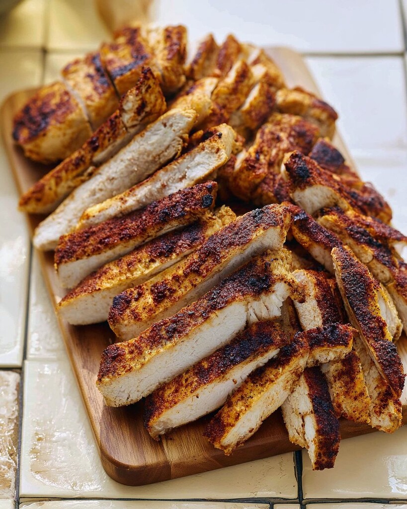 Spiced chicken strips sliced on a wooden cutting board