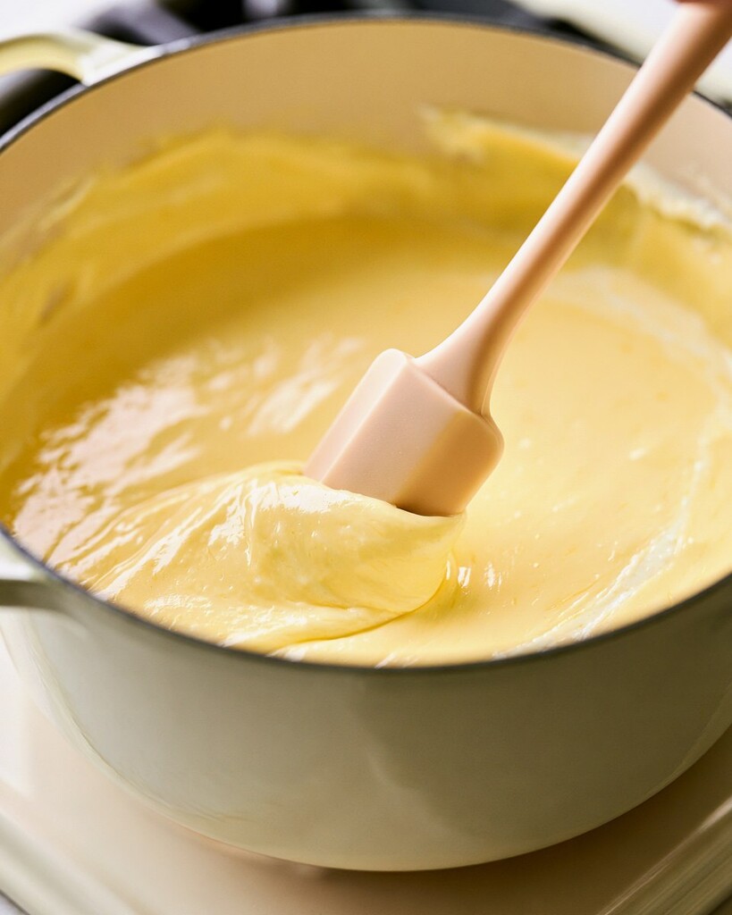 Glossy thick yellow cheese sauce being stirred with a silicone spoon in a heavy pot