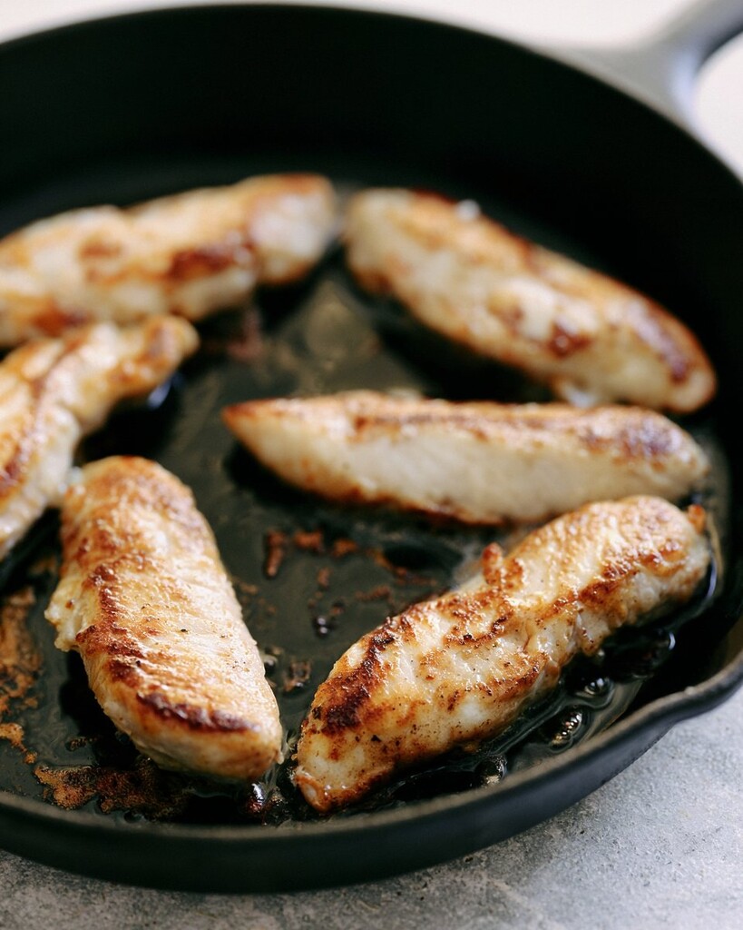 Raw chicken tenders searing in hot bacon fat inside a cast iron skillet