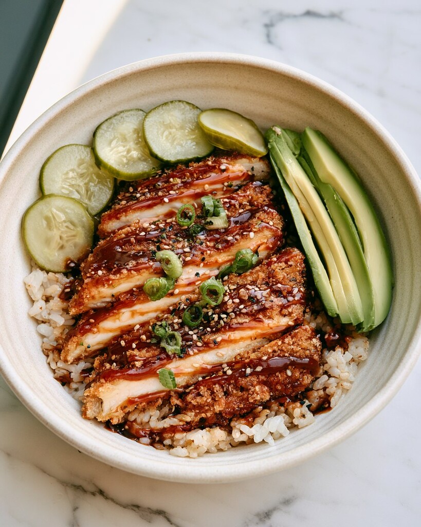 Crispy chicken katsu slices over rice with quick-pickled cucumbers, avocado, and tonkatsu sauce in a bowl