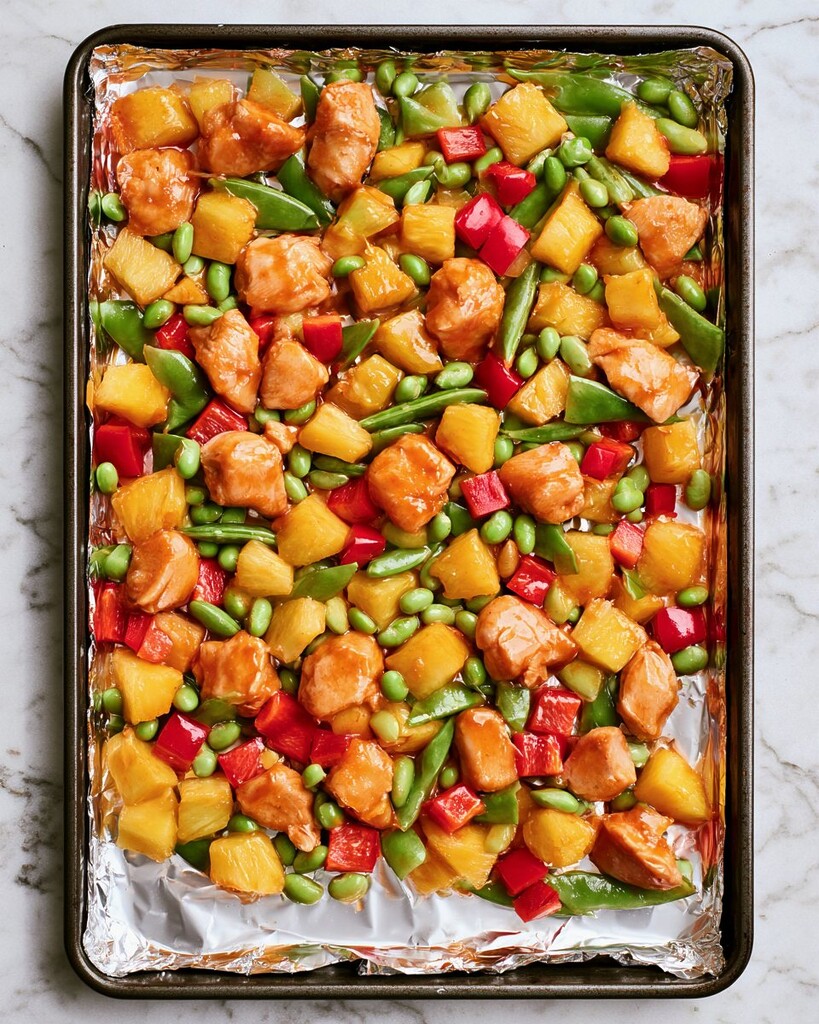 Raw diced chicken, pineapple, bell pepper, snap peas, and edamame spread on a foil-lined baking sheet