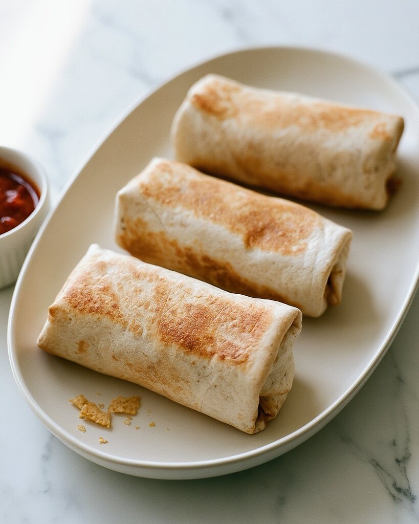 Three skillet-toasted beefy melt burritos arranged on an oval plate showing tightly folded ends and a golden crust