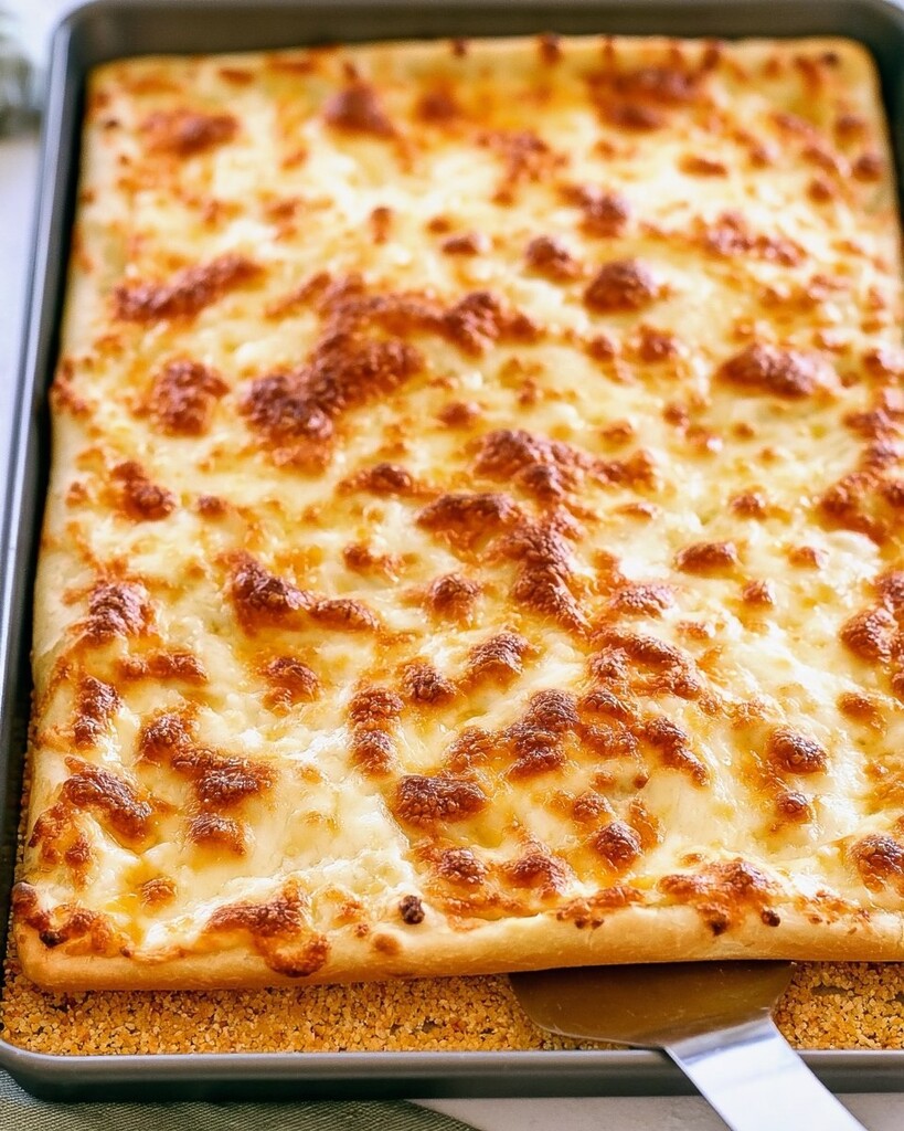 Fully baked cheesy garlic breadsticks in a pan with browned bubbling cheese and puffy edges