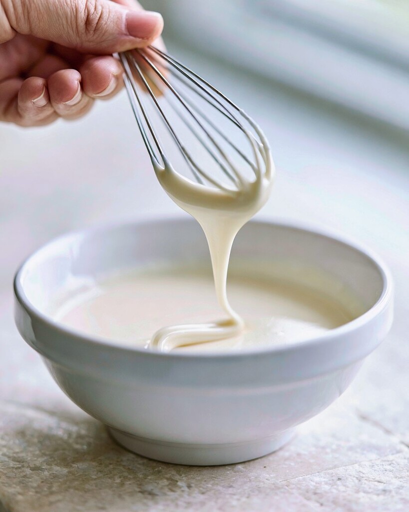 Cream cheese glaze being whisked into a smooth pourable topping in a white bowl