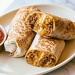 Halved toasted burritos stacked on a light plate showing a creamy meat filling and melted cheese