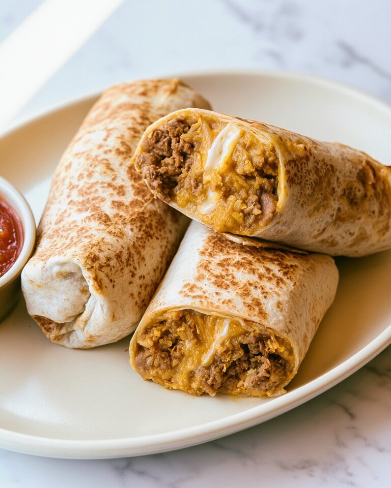 Halved toasted burritos stacked on a light plate showing a creamy meat filling and melted cheese