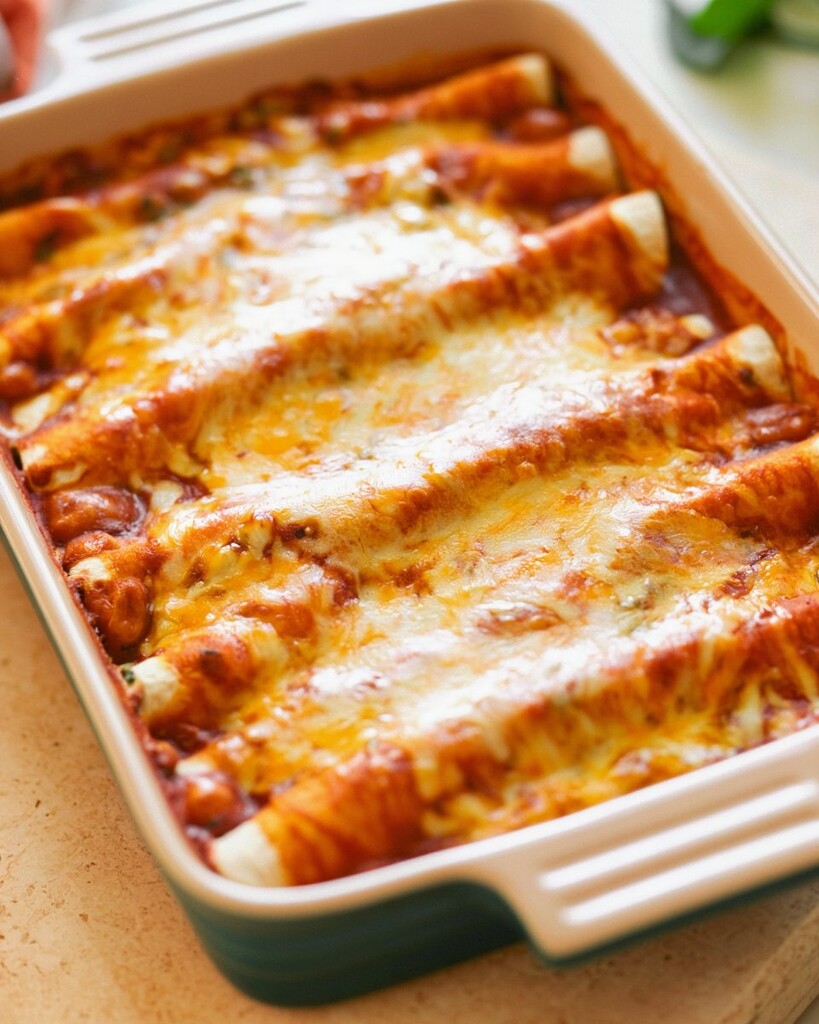 Freshly baked chicken enchiladas bubbling in a rectangular baking dish with melted golden cheese and red sauce