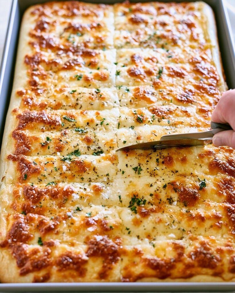 Metal pizza wheel cutting baked cheesy breadsticks garnished with parsley in a metal pan