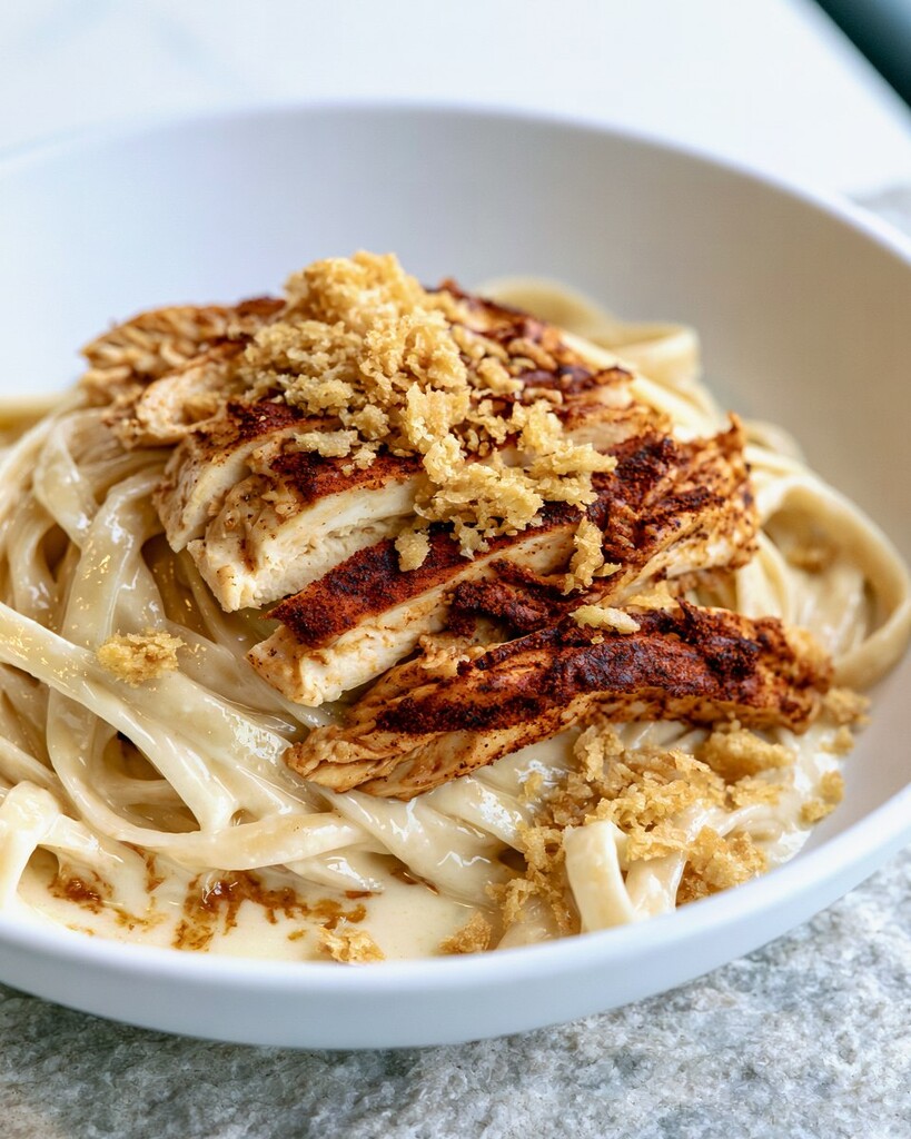Sliced grilled chicken and golden panko over creamy fettuccine on a white plate
