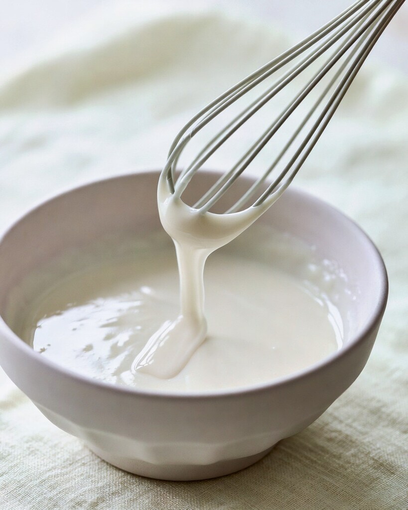 White yogurt and lemon glaze whisked in a small bowl