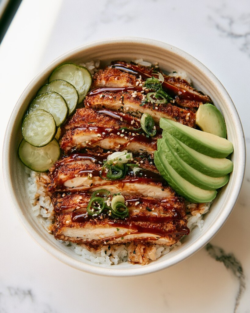 Sliced crispy chicken katsu arranged in a bowl with rice, avocado, cucumbers, and sesame seeds