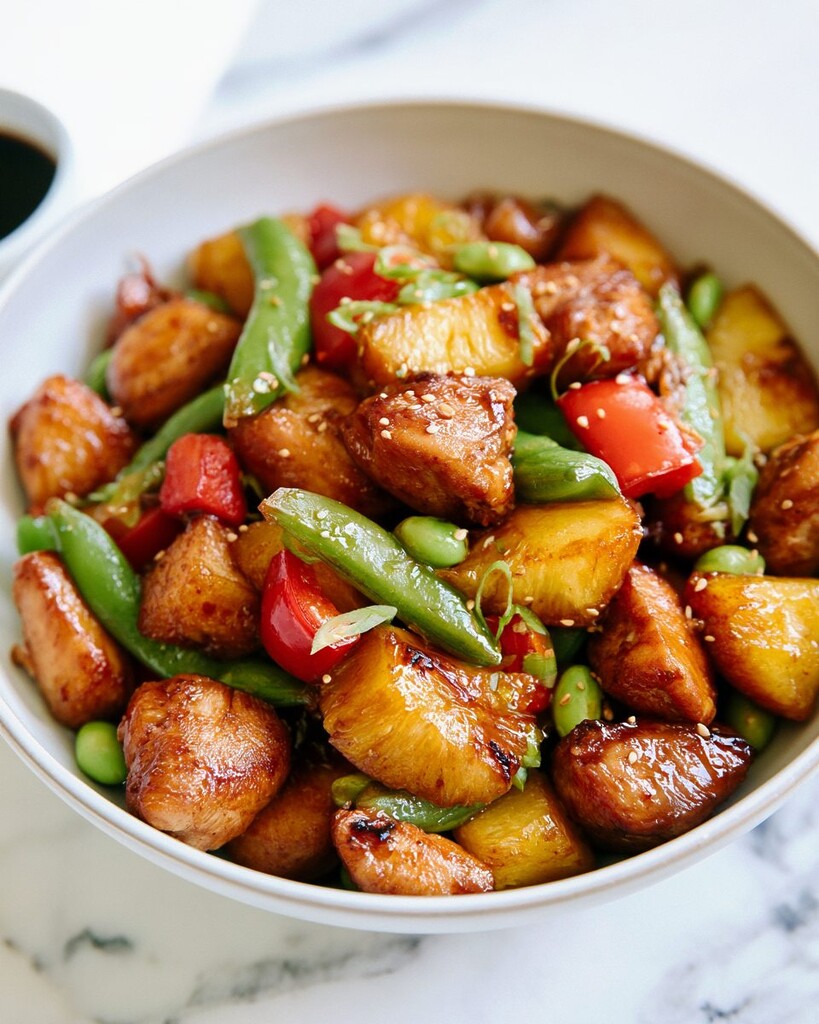 Pineapple teriyaki chicken with snap peas and edamame served in a white bowl topped with sesame seeds