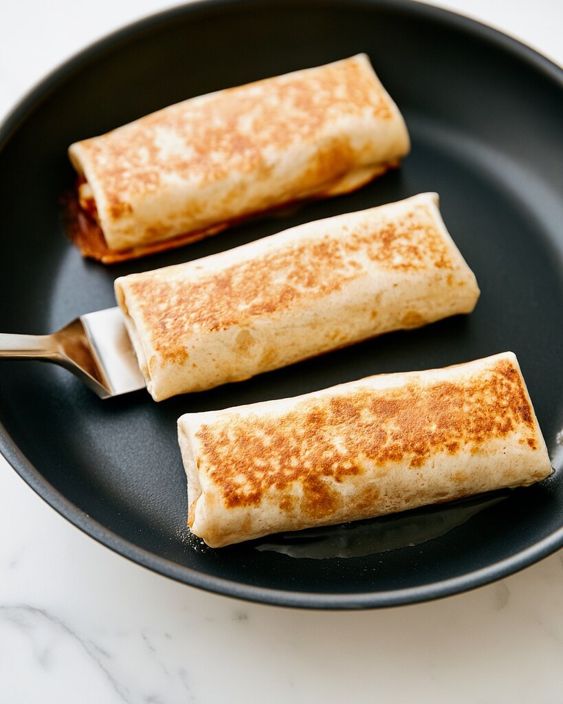 Three rolled burritos toasting in a black skillet with a flat spatula
