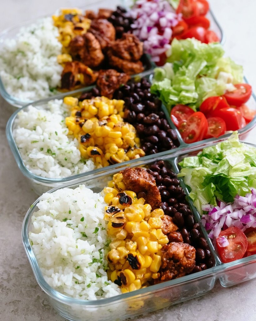 Four glass meal prep containers arranged with portions of chipotle chicken, rice, corn, beans, and fresh vegetables