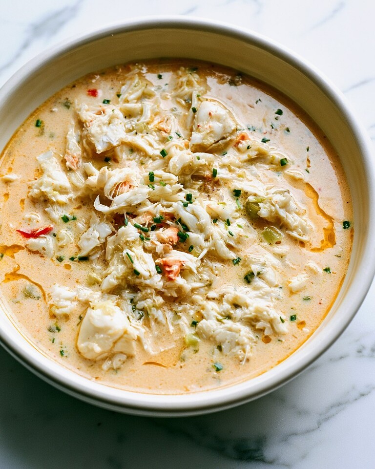 White bowl of crab stew with an orange broth topped with browned butter and chives