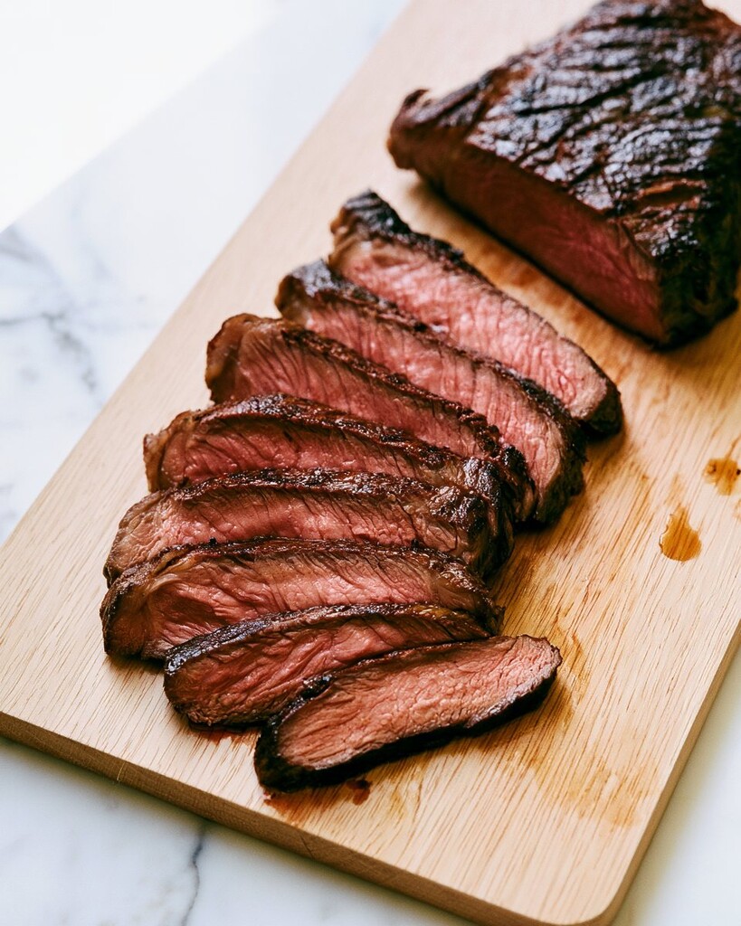Sliced flank steak on a wooden cutting board showing a pink center and a dark spice crust