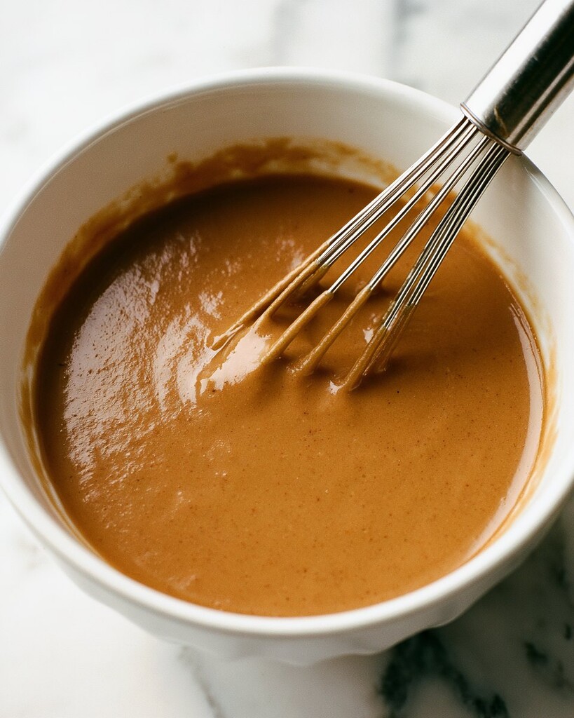 Whisking a smooth brown peanut sauce in a white bowl until fully combined