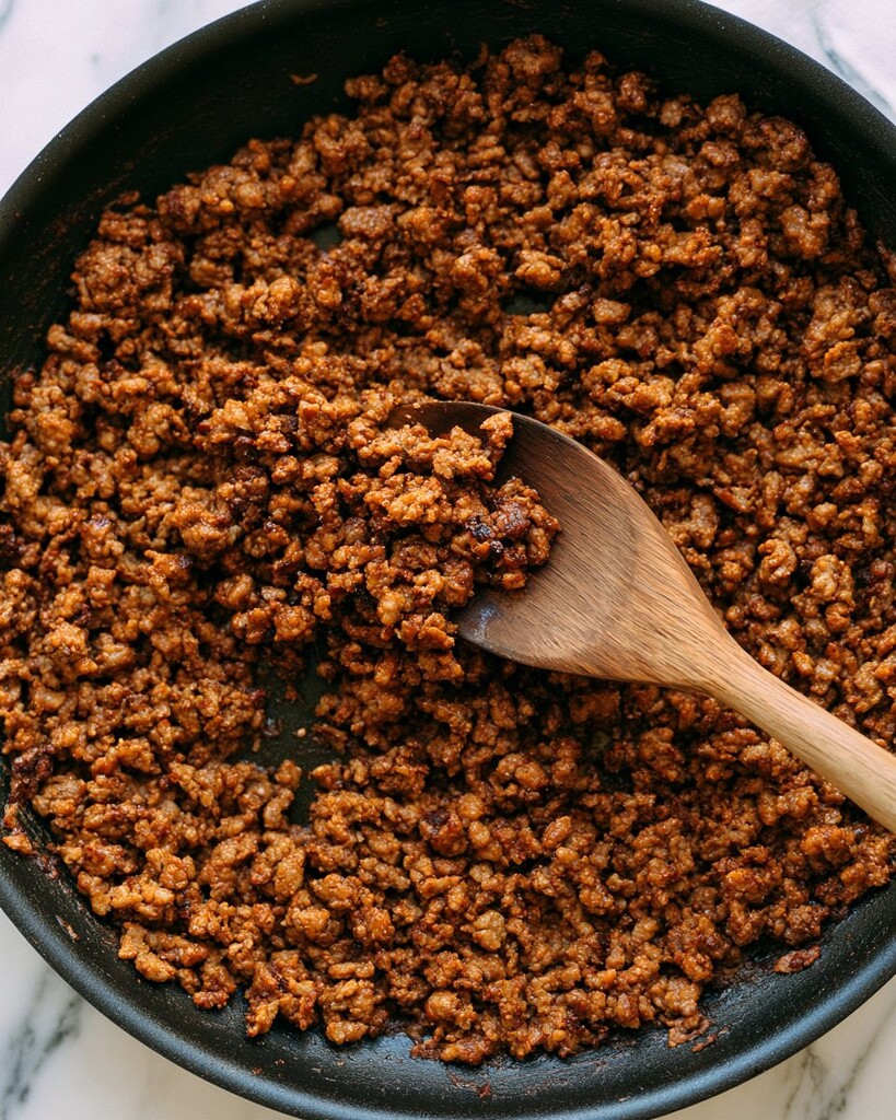 Dark brown crusted ground beef cooking in a black skillet being broken apart with a wooden spoon