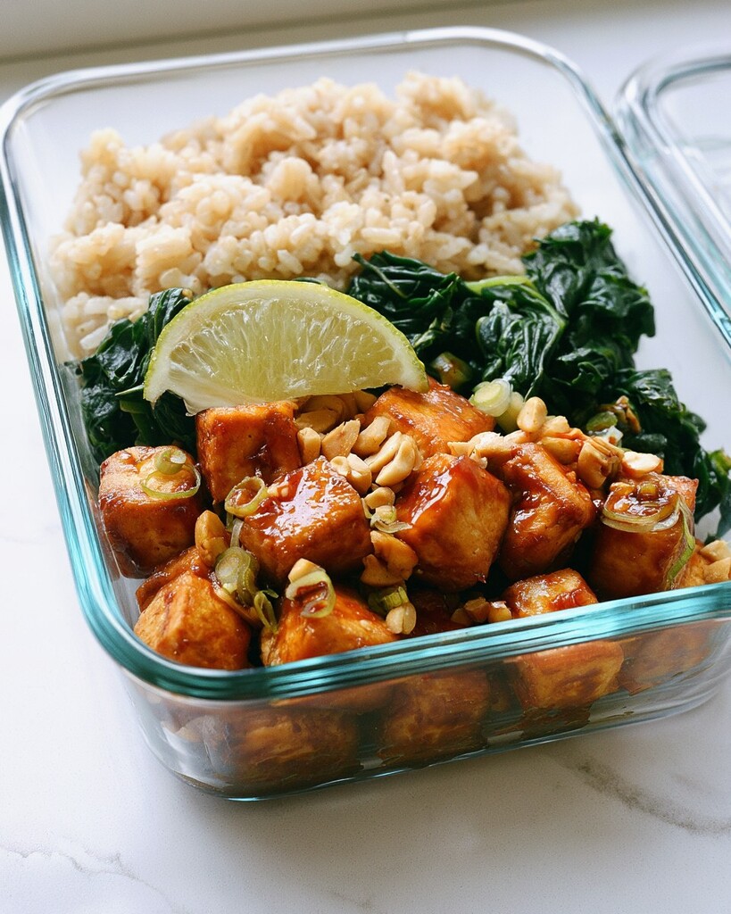 Glass container holding glazed tofu cubes, brown rice, chopped kale, peanuts, and a lime wedge
