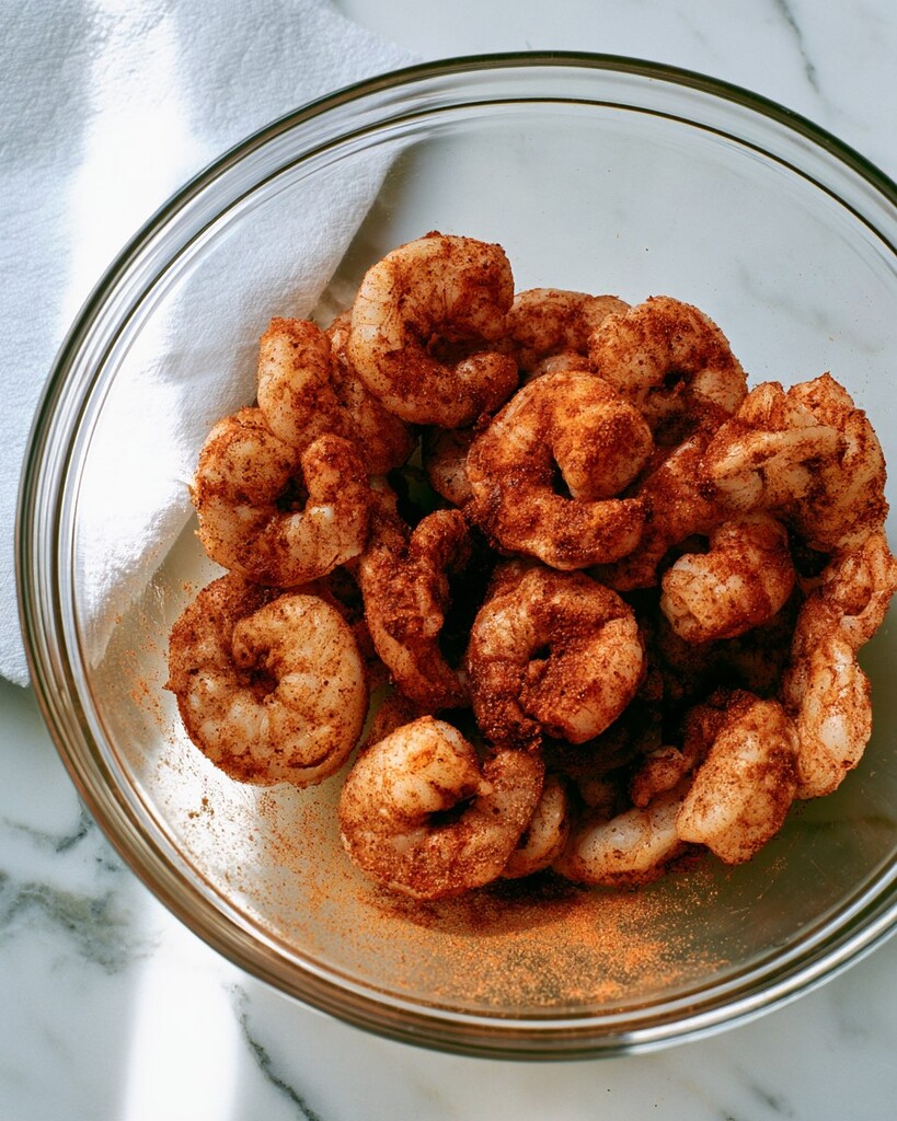 Raw peeled shrimp coated in red spice mixture inside a glass mixing bowl
