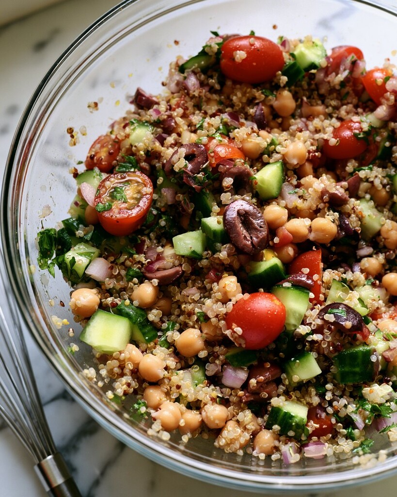 Mediterranean quinoa salad ingredients being tossed together in a large glass bowl with chickpeas and fresh herbs