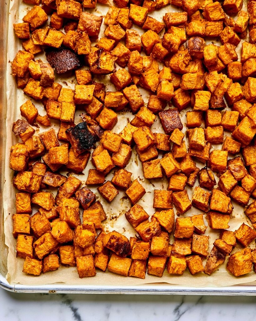 Golden roasted sweet potato cubes spread in a single layer on a parchment-lined baking sheet