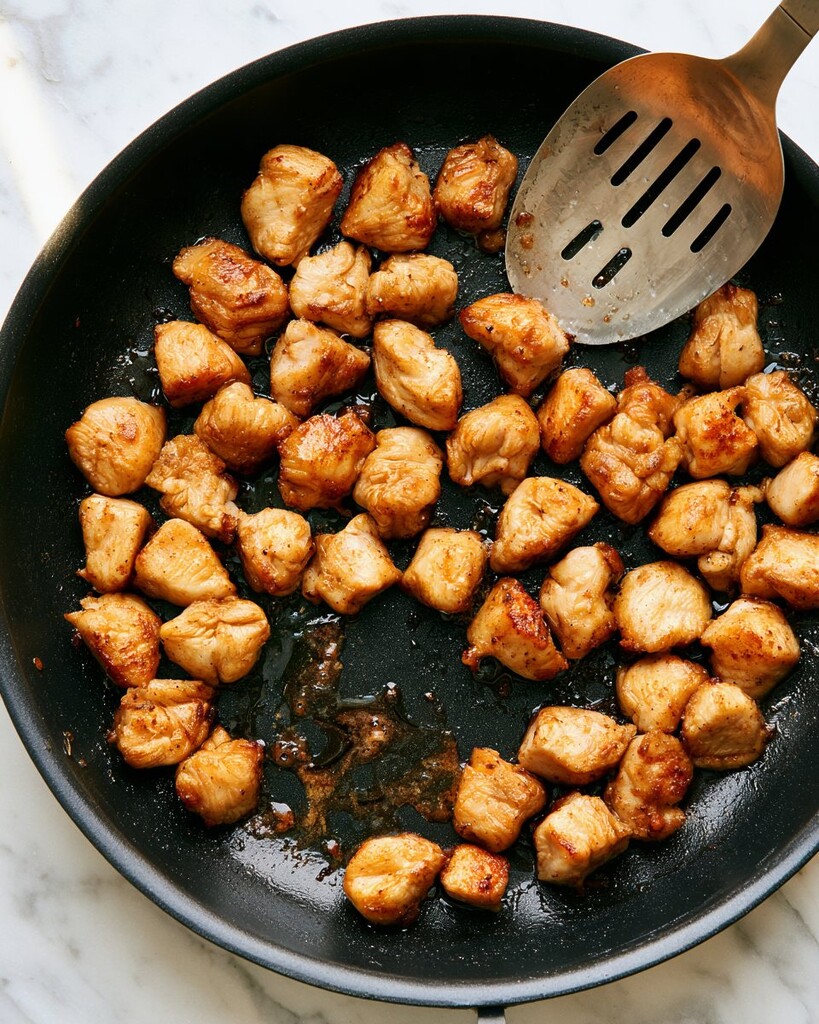 Creamy coconut chicken pieces browning in a black skillet with golden edges