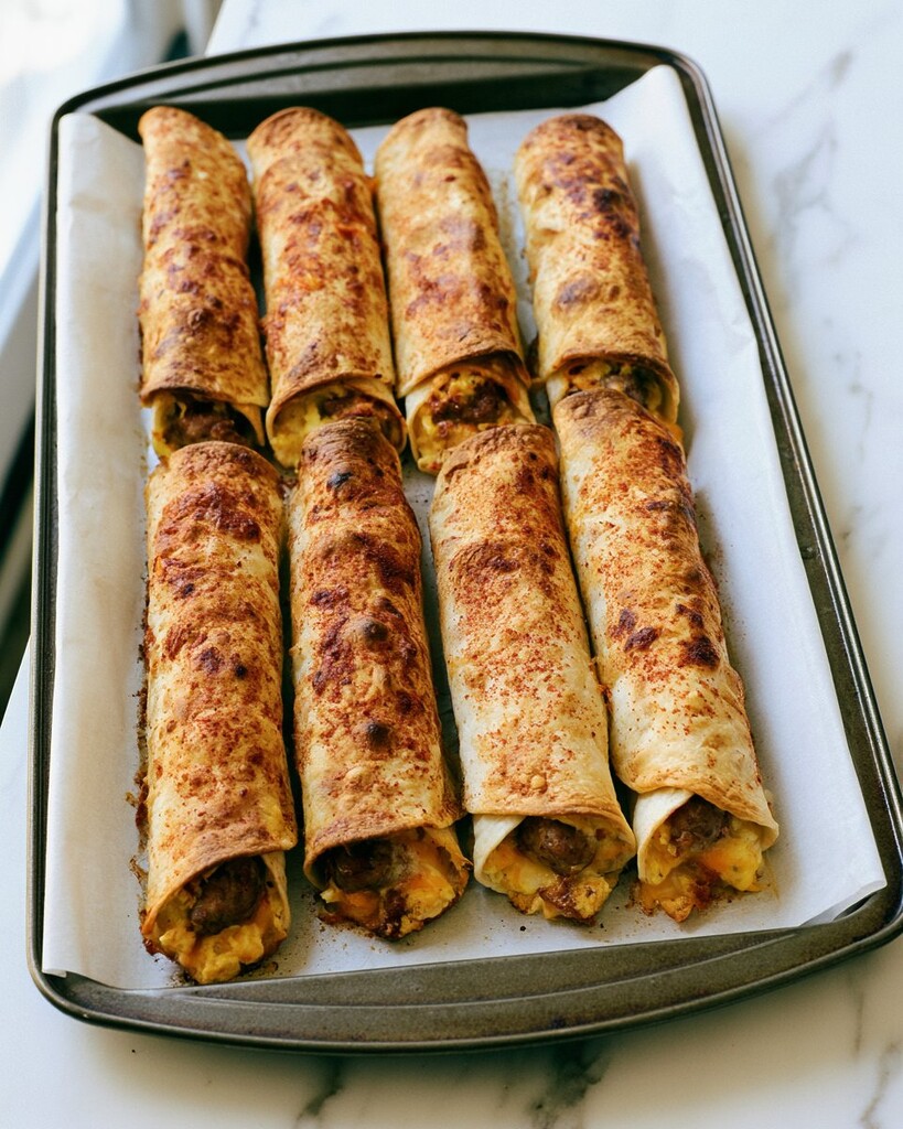 Golden brown breakfast roll-ups baked on a parchment-lined sheet pan