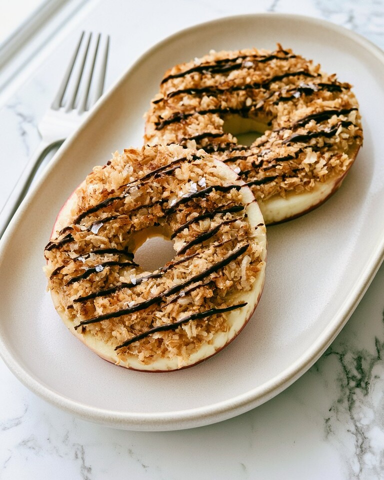 Toasted coconut apple samoas on a white plate with dark chocolate drizzle and flaky salt