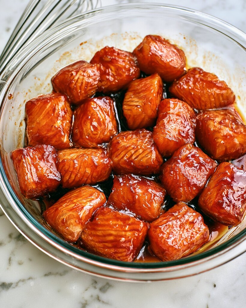 Raw salmon chunks coated in a dark honey sriracha marinade inside a glass mixing bowl