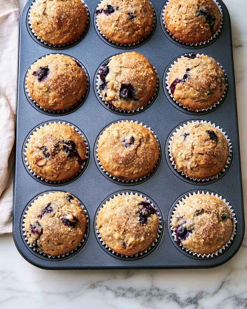 Blueberry oatmeal muffins baking in a metal tin with tall golden crowns and raw sugar