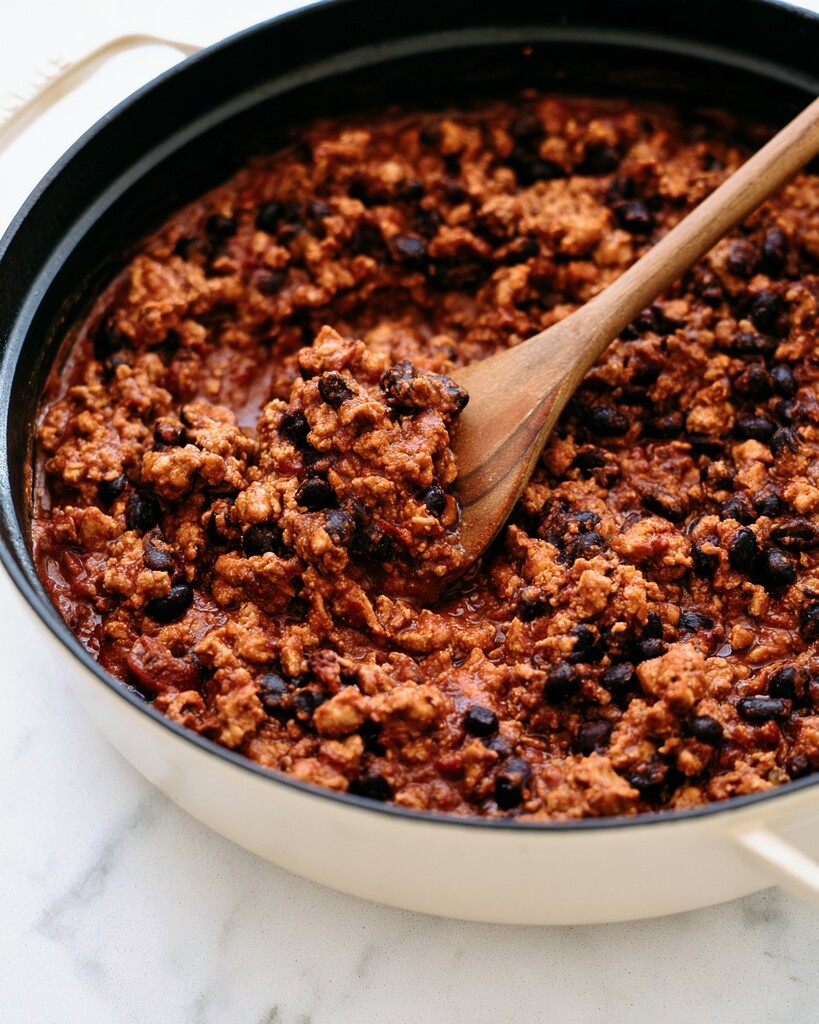Ground turkey and black bean chili simmering in a deep pot with a wooden spoon resting inside.