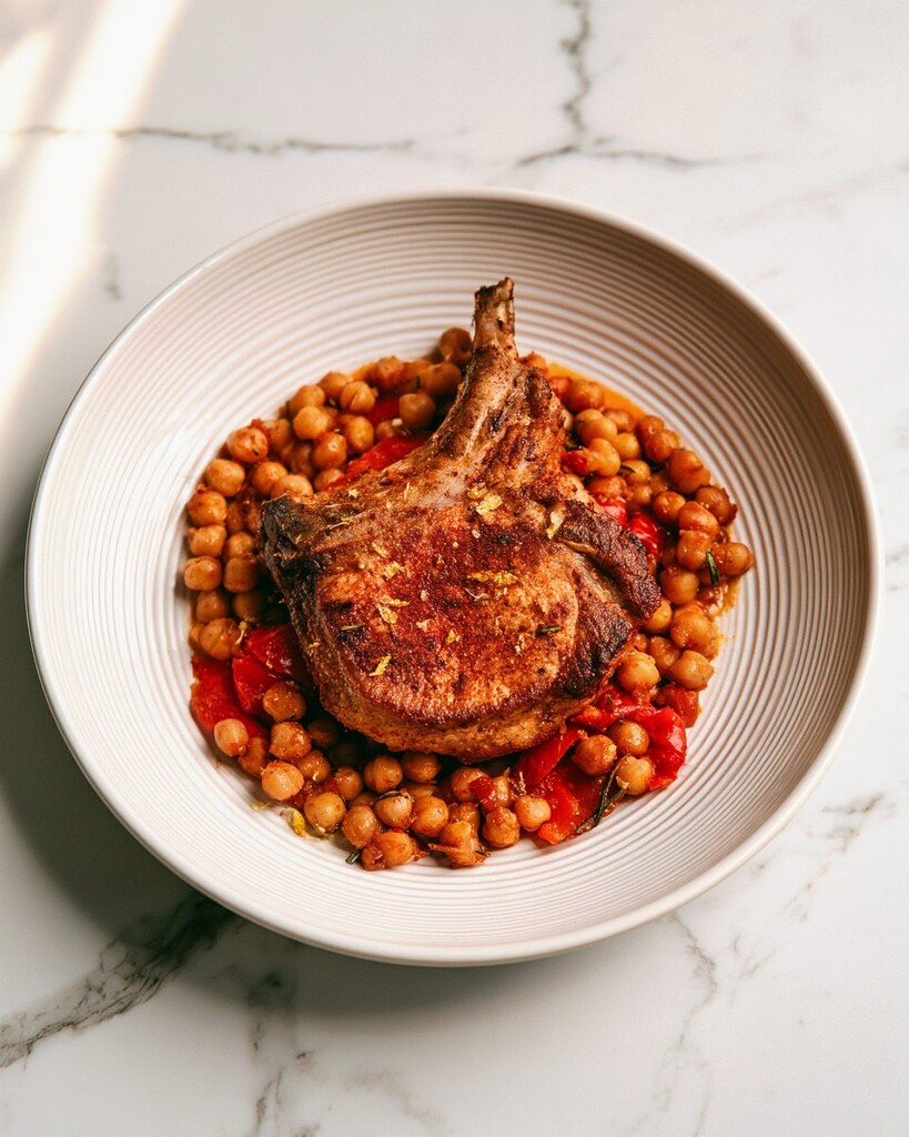 Seared bone-in pork chop resting on a bed of roasted chickpeas and red peppers in a white plate
