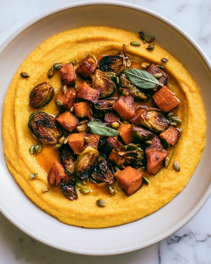 Shallow bowl of creamy orange pumpkin polenta topped with roasted Brussels sprouts, cubed squash, and crispy sage leaves
