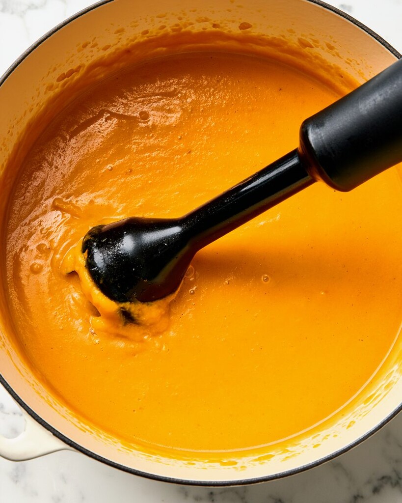 Whisking thick and creamy polenta in a deep saucepan