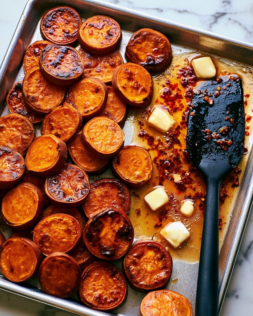 Cubes of butter melting into a spicy maple syrup and chili crisp sauce on a metal baking sheet