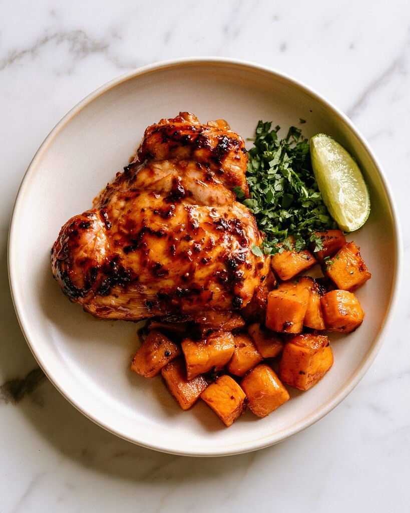 Plated serving of honey-chipotle chicken thigh with caramelized sweet potato cubes, cilantro, and a lime wedge