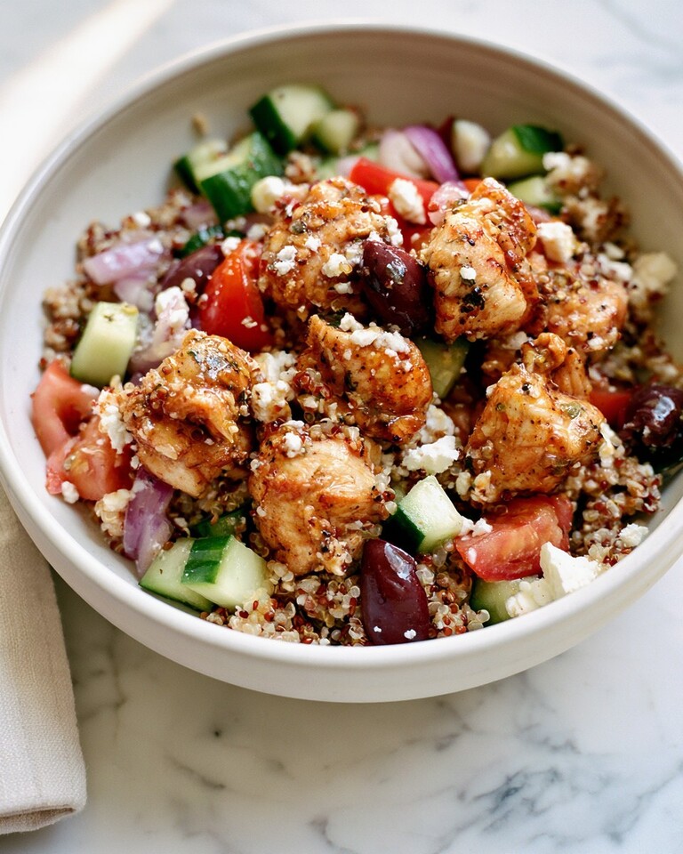 Mediterranean chicken bowl with seared chicken pieces, cucumber, tomato, olives, and crumbled feta over quinoa